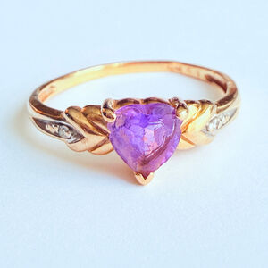 14K Yellow Solid Gold .55 CT Amethyst Shape Heart Natural Diamond Love Band Ring